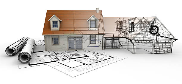 3D-проект жилого дома в разрезе вместе с архитектурными чертежами и планами строительства.
