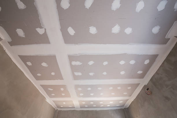 Незаконченный потолок из гипсокартона со шпаклевочной пастой, нанесенной на швы и отверстия для винтов на строительной или ремонтной площадке.